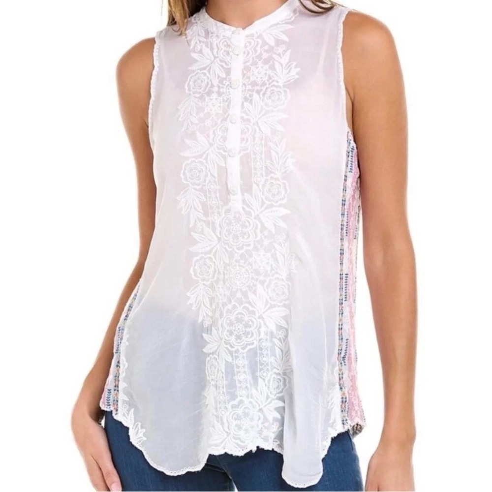 Johnny Was Rosslyn Clio White Tank Top Embroidered Sides Eyelet Boho Size M